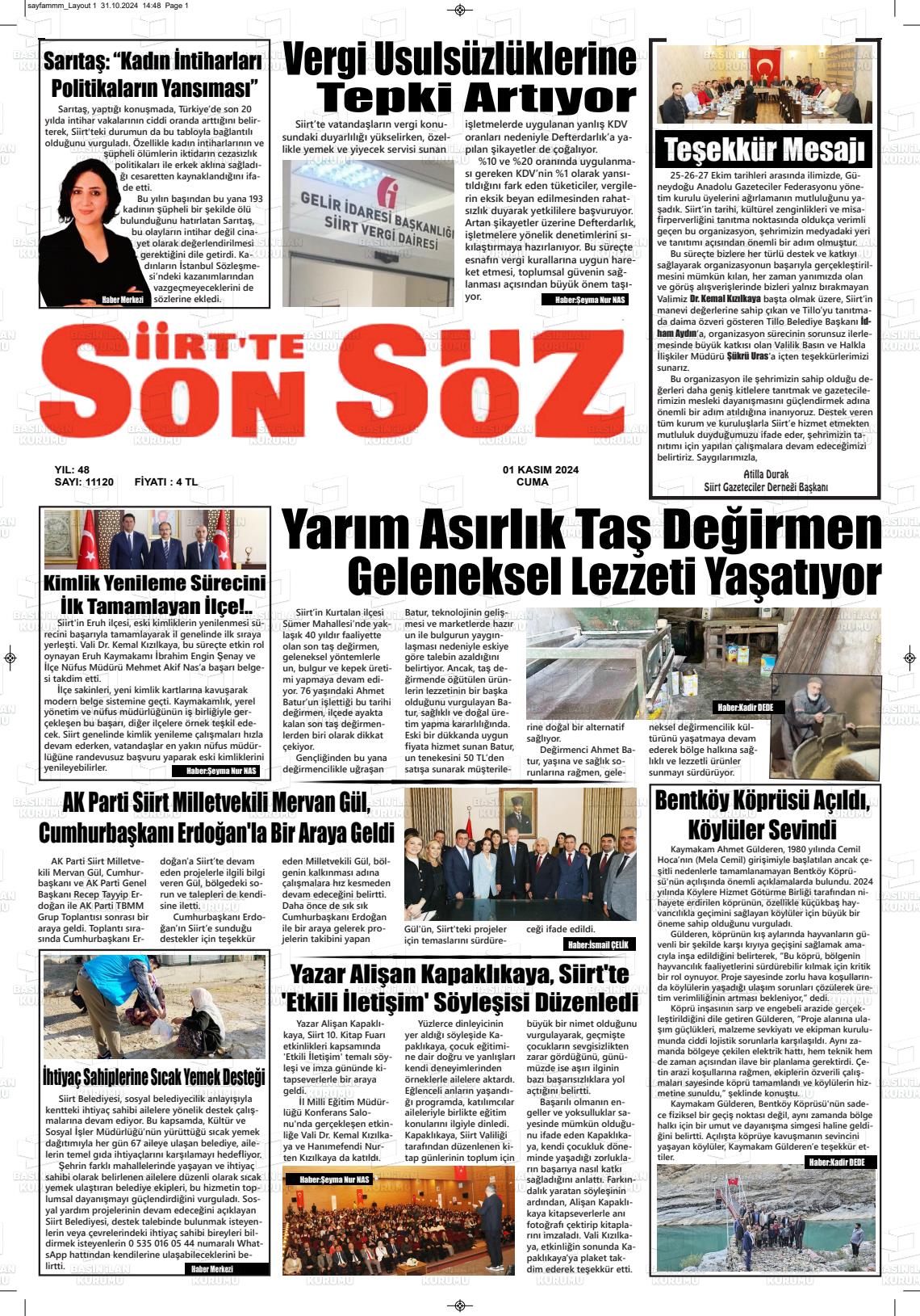 01 Kasım 2024 Siirt'te Sonsöz Gazete Manşeti