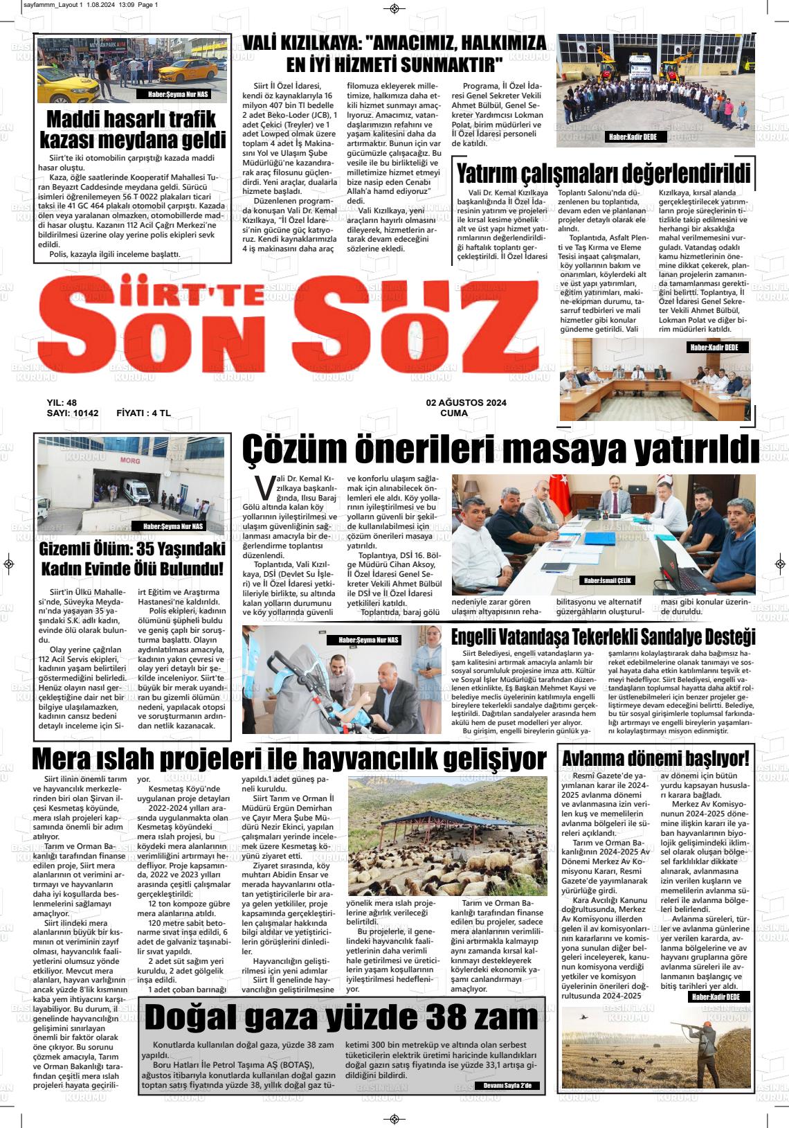 02 Ağustos 2024 Siirt'te Sonsöz Gazete Manşeti