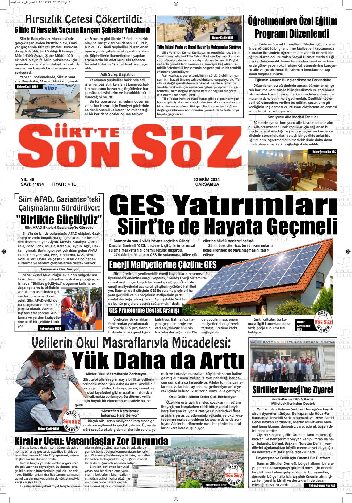 02 Ekim 2024 Siirt'te Sonsöz Gazete Manşeti