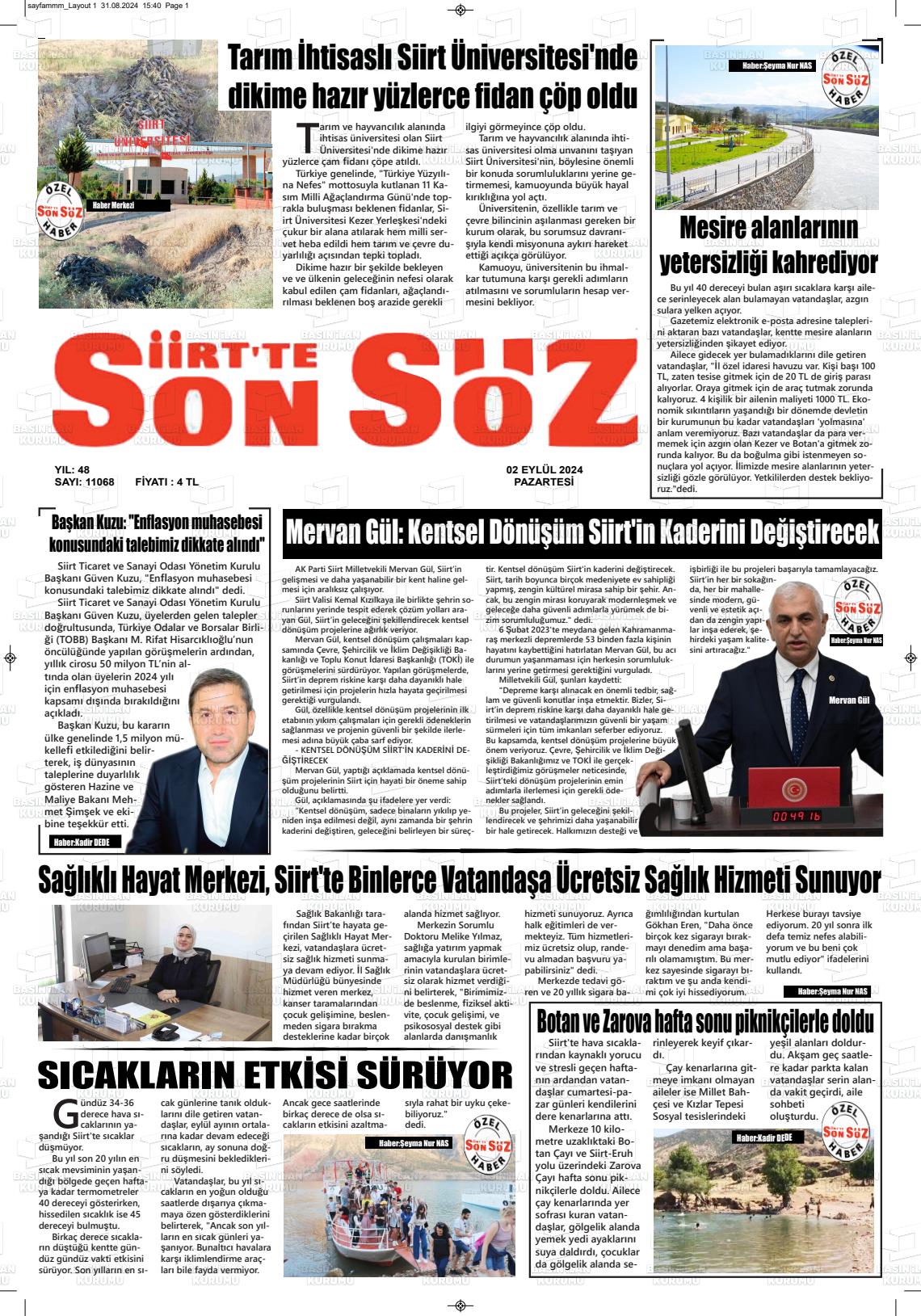 02 Eylül 2024 Siirt'te Sonsöz Gazete Manşeti