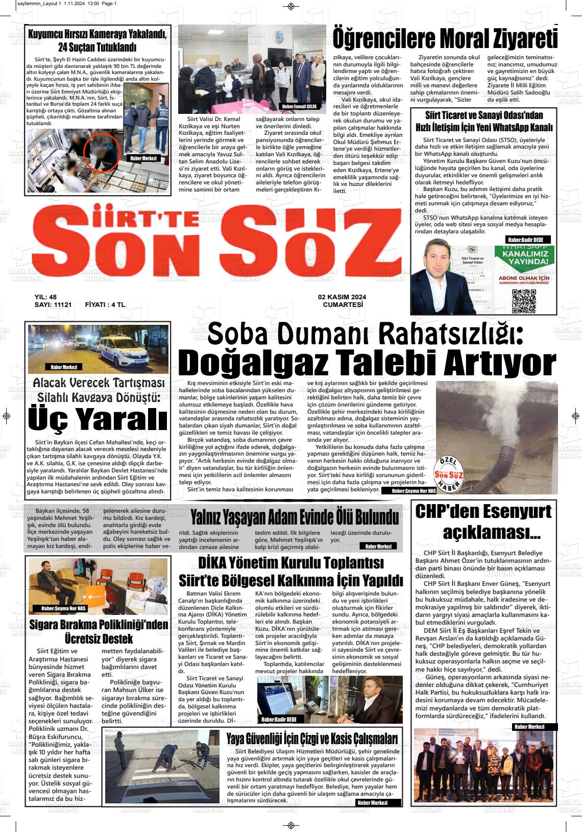 02 Kasım 2024 Siirt'te Sonsöz Gazete Manşeti