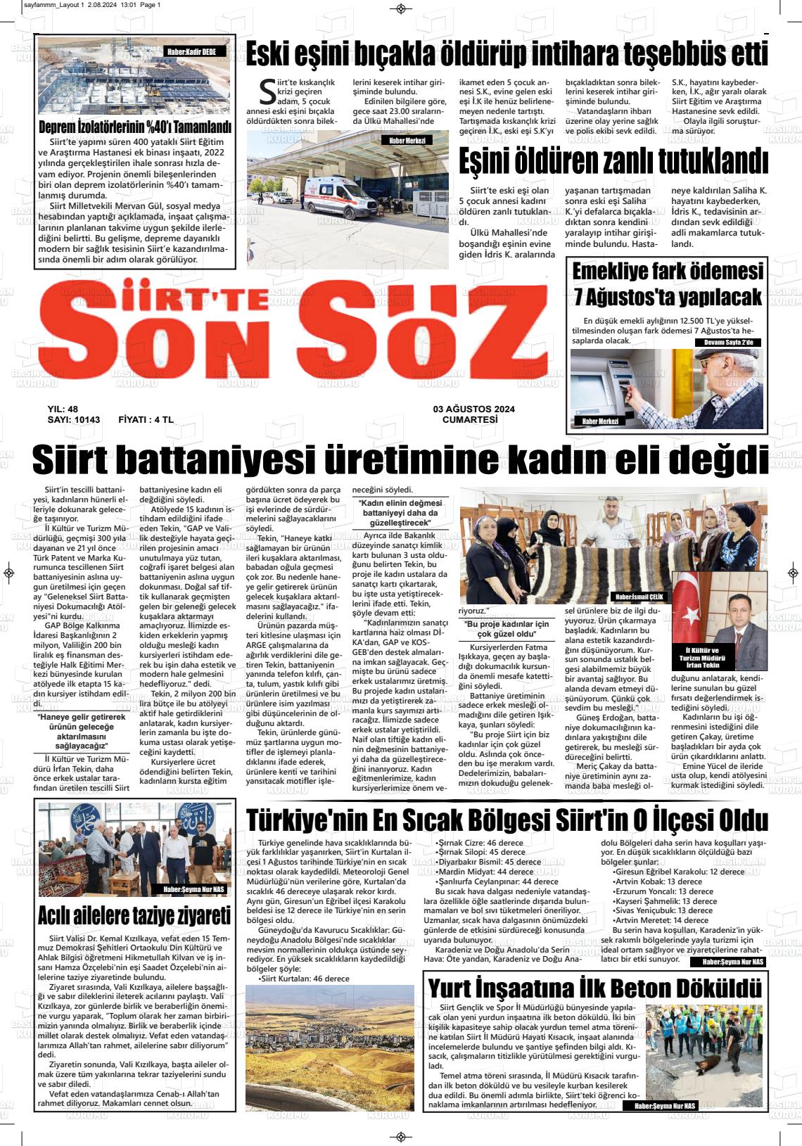 03 Ağustos 2024 Siirt'te Sonsöz Gazete Manşeti