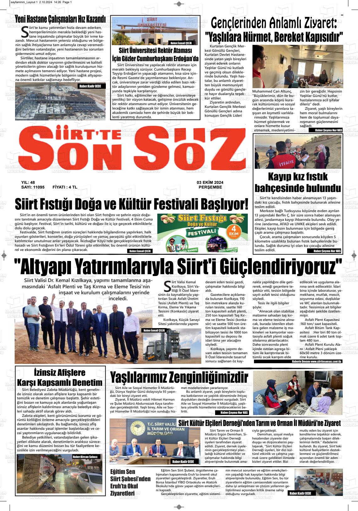 03 Ekim 2024 Siirt'te Sonsöz Gazete Manşeti