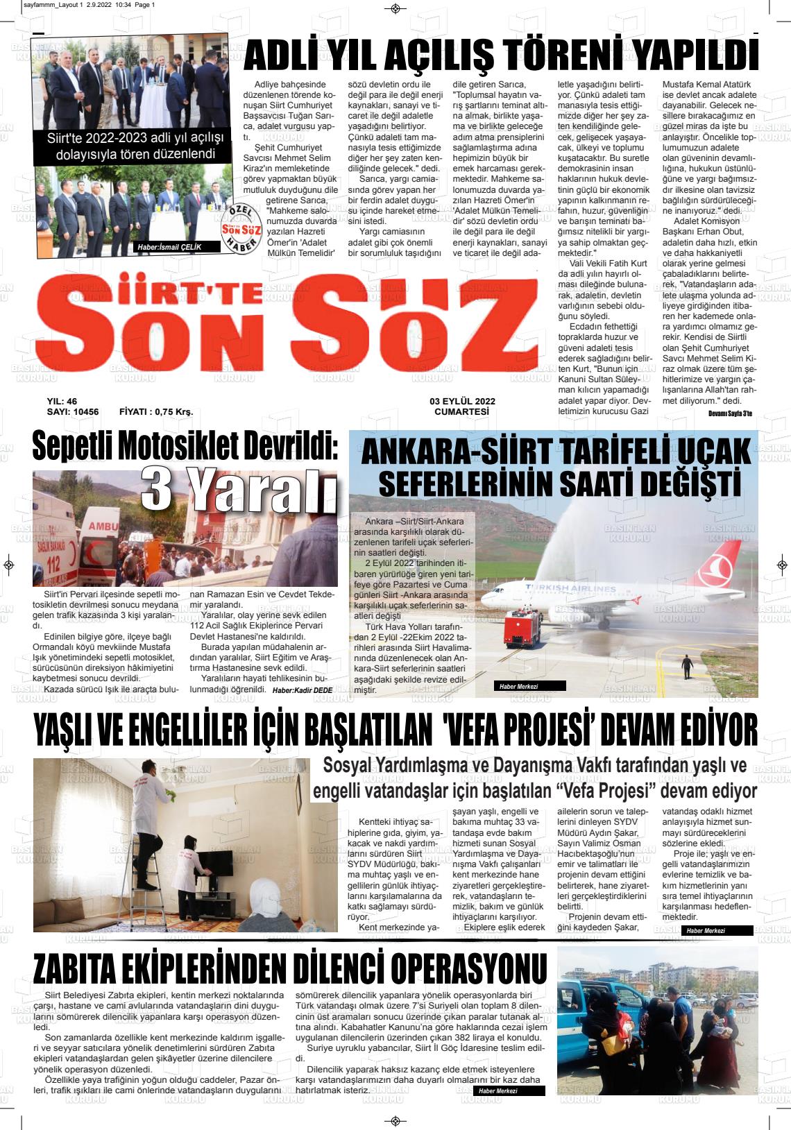 03 Eylül 2022 Siirt'te Sonsöz Gazete Manşeti