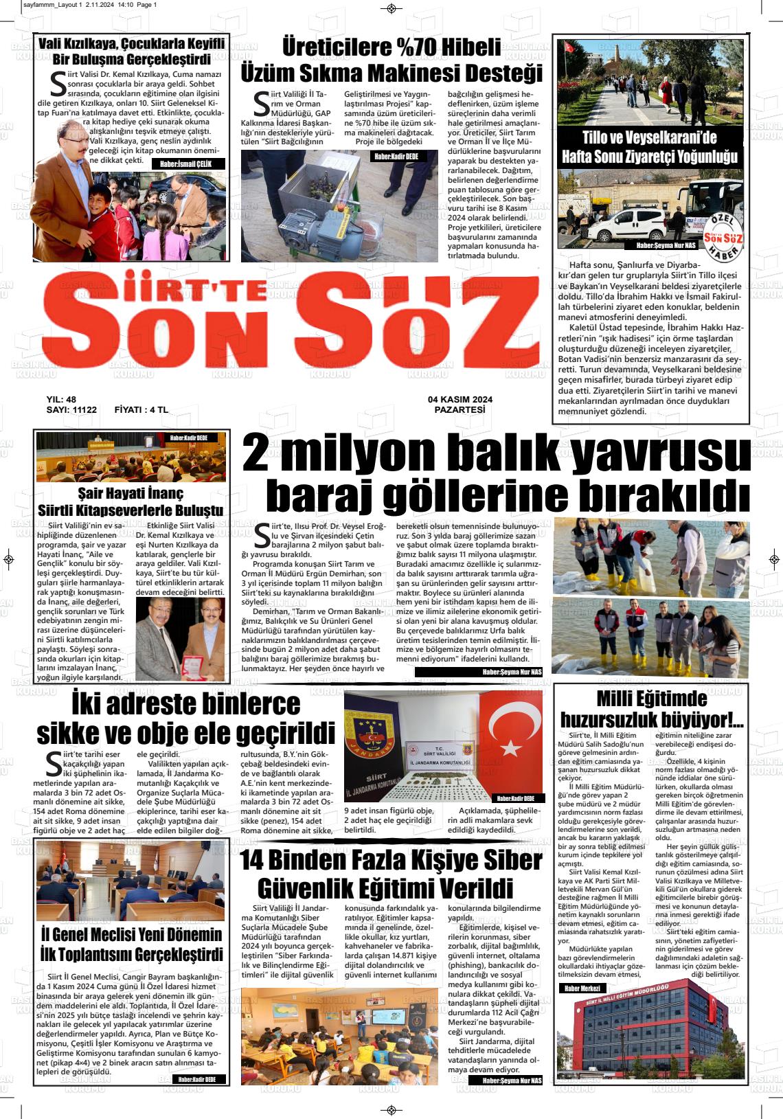 04 Kasım 2024 Siirt'te Sonsöz Gazete Manşeti