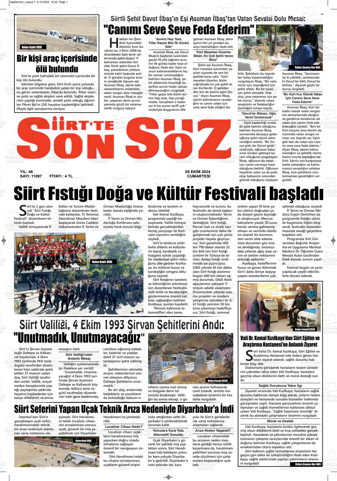 05 Ekim 2024 Siirt'te Sonsöz Gazete Manşeti