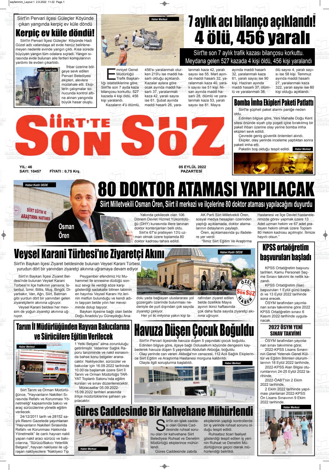 05 Eylül 2022 Siirt'te Sonsöz Gazete Manşeti