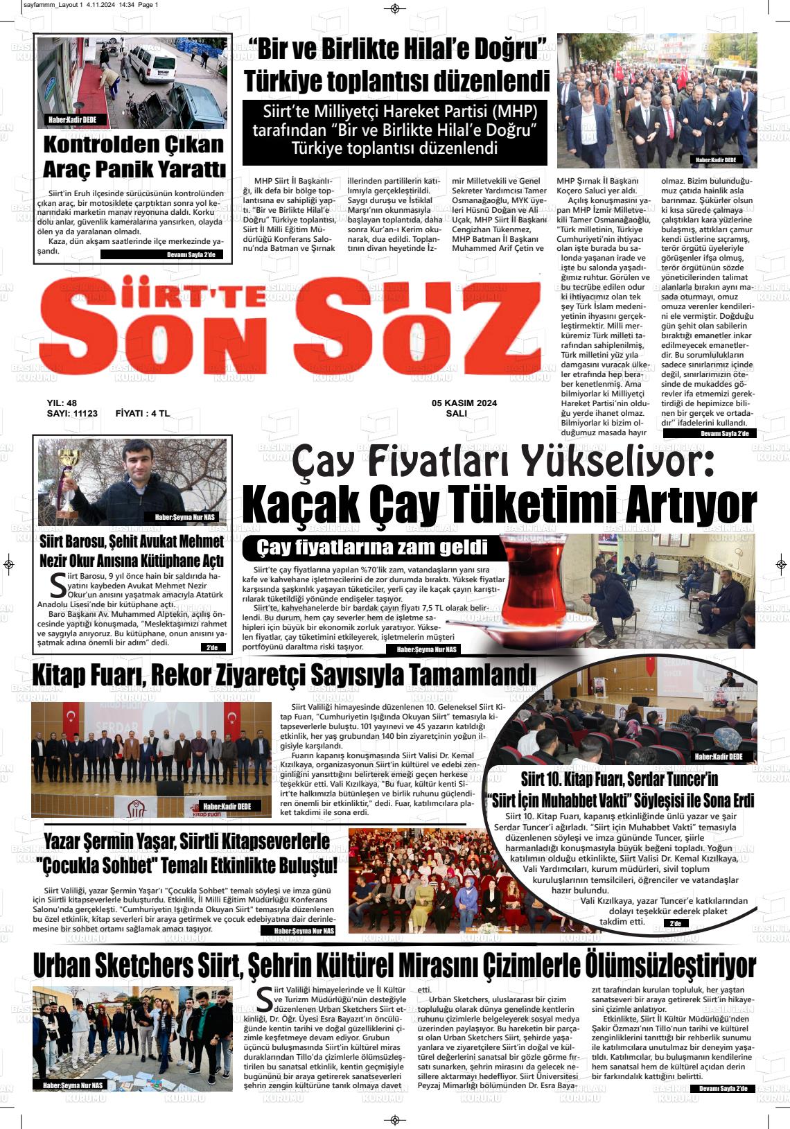 05 Kasım 2024 Siirt'te Sonsöz Gazete Manşeti