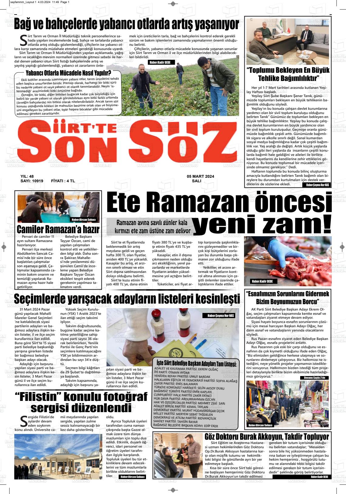 07 Mart 2024 Siirt'te Sonsöz Gazete Manşeti