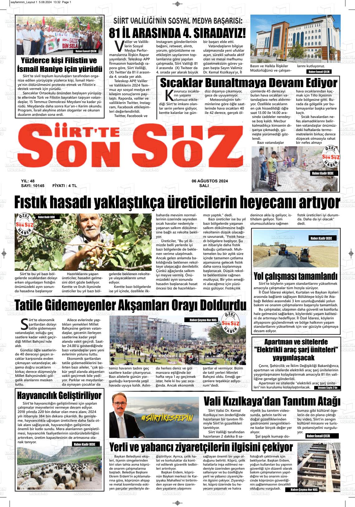 06 Ağustos 2024 Siirt'te Sonsöz Gazete Manşeti