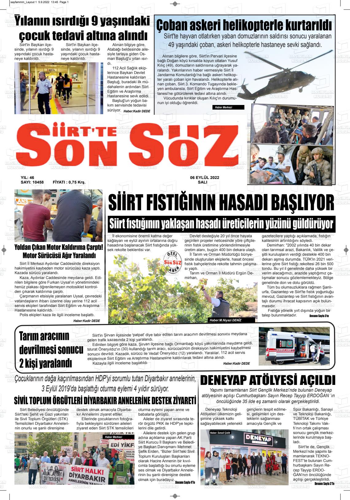 06 Eylül 2022 Siirt'te Sonsöz Gazete Manşeti