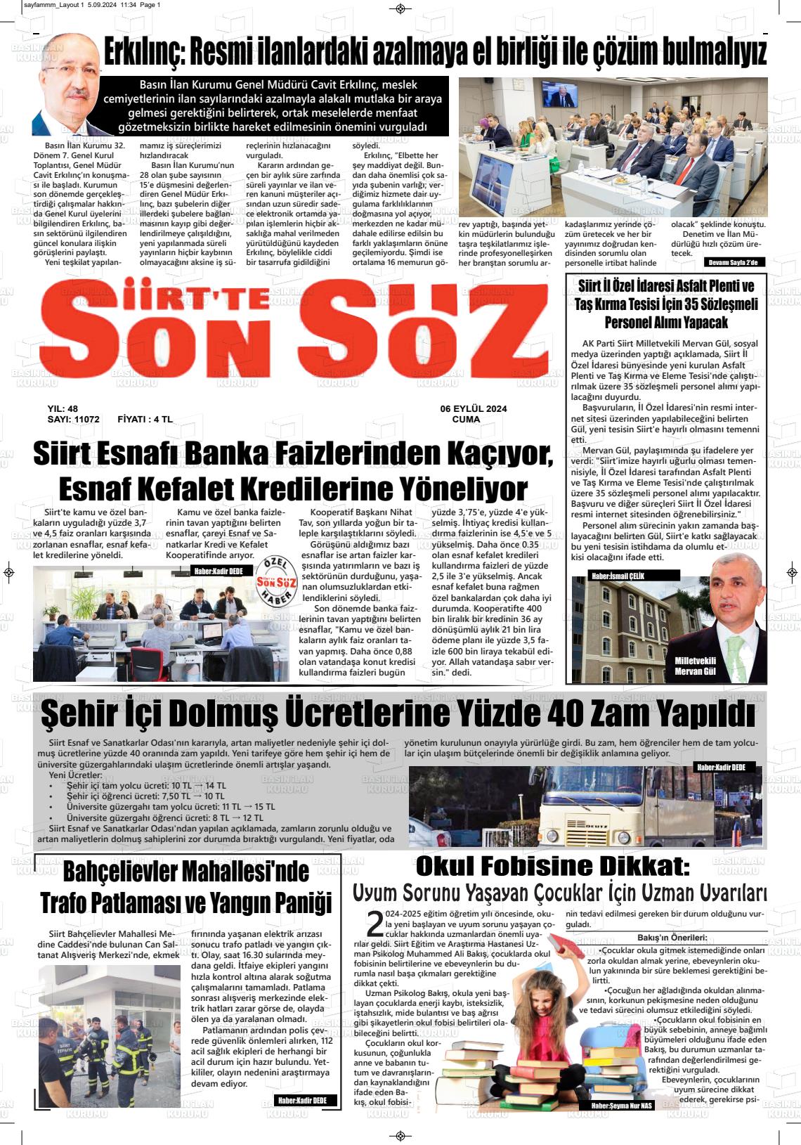 06 Eylül 2024 Siirt'te Sonsöz Gazete Manşeti