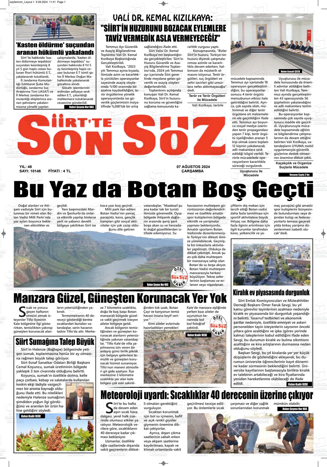 07 Ağustos 2024 Siirt'te Sonsöz Gazete Manşeti