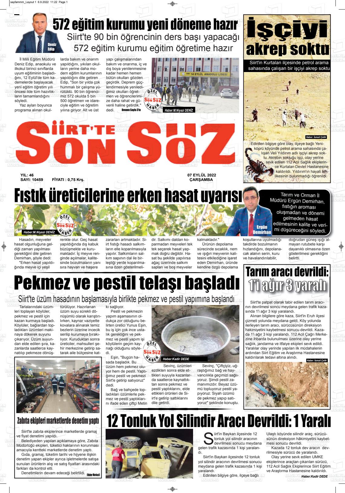 07 Eylül 2022 Siirt'te Sonsöz Gazete Manşeti