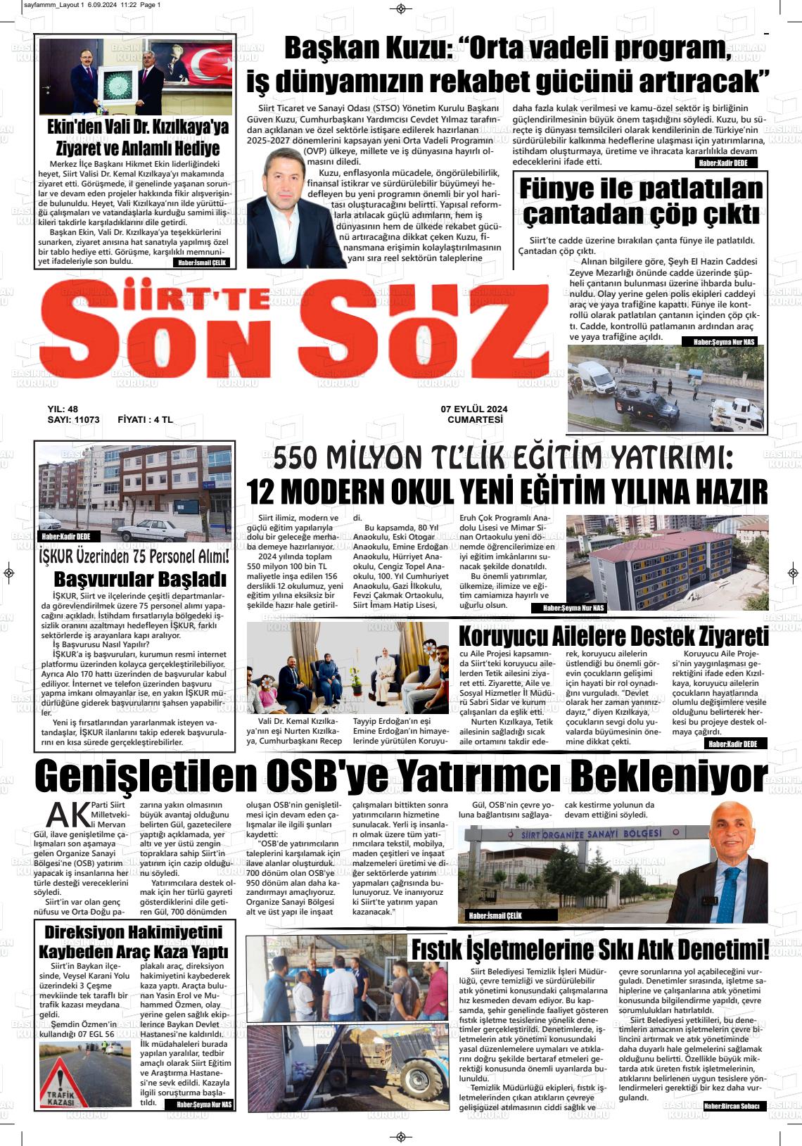 07 Eylül 2024 Siirt'te Sonsöz Gazete Manşeti