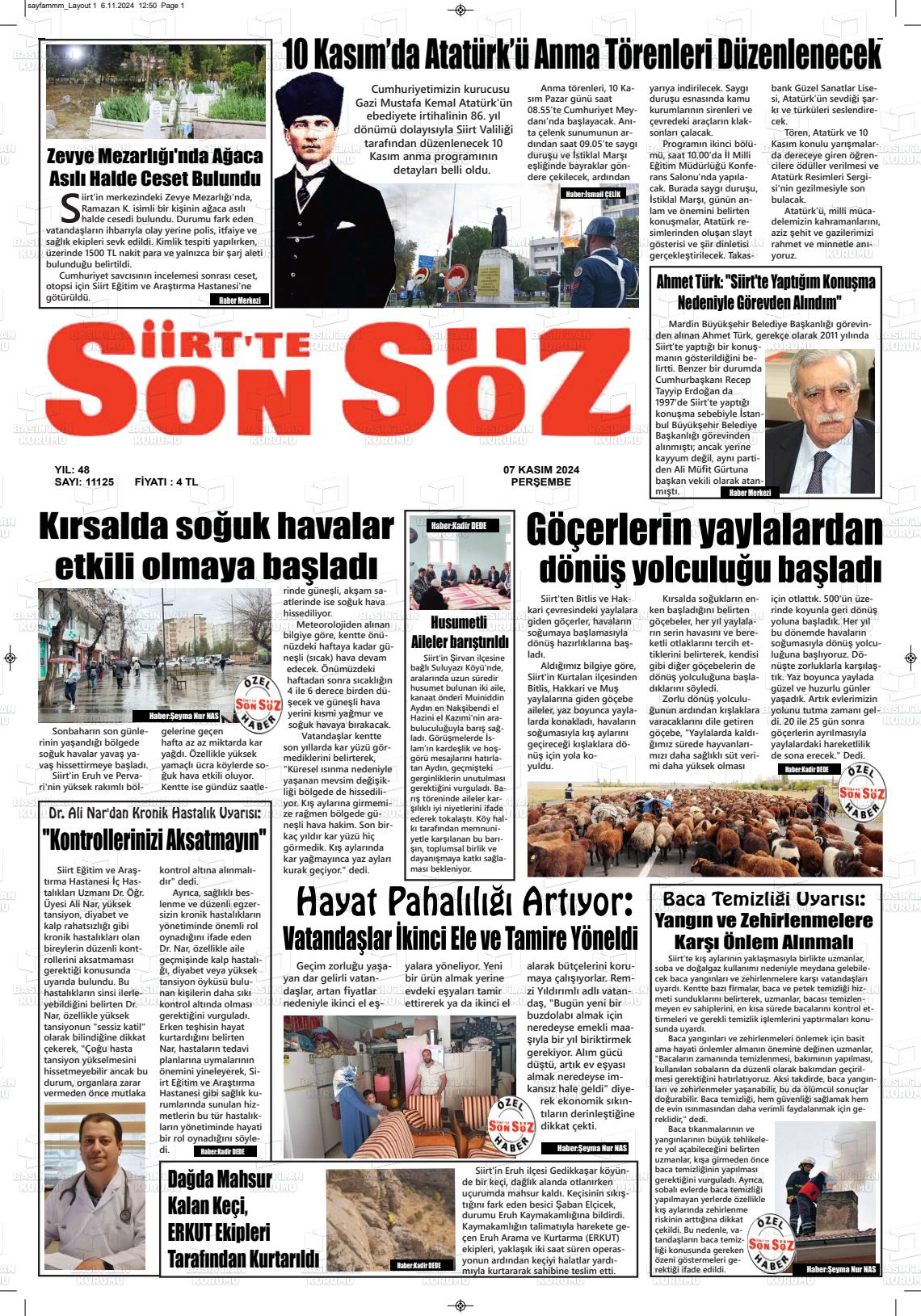 07 Kasım 2024 Siirt'te Sonsöz Gazete Manşeti