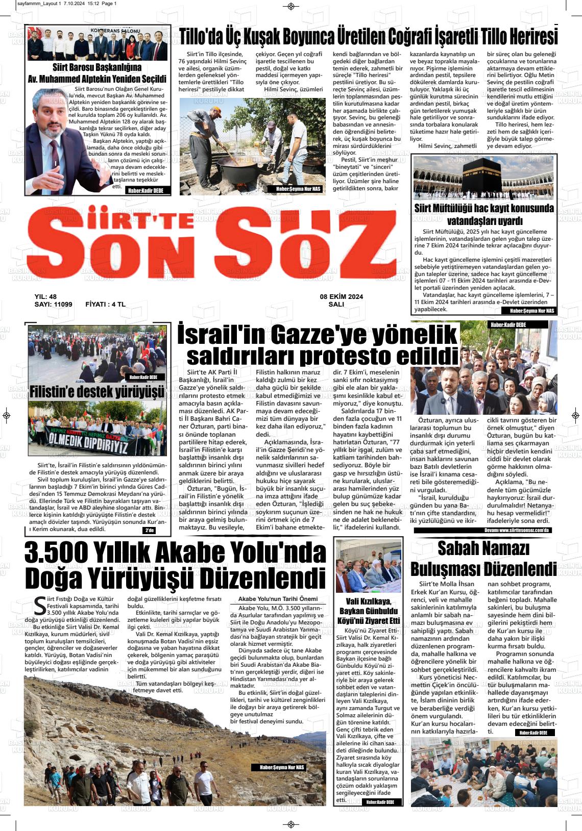 08 Ekim 2024 Siirt'te Sonsöz Gazete Manşeti