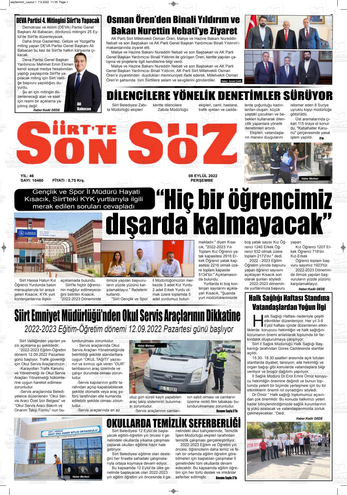 08 Eylül 2022 Siirt'te Sonsöz Gazete Manşeti