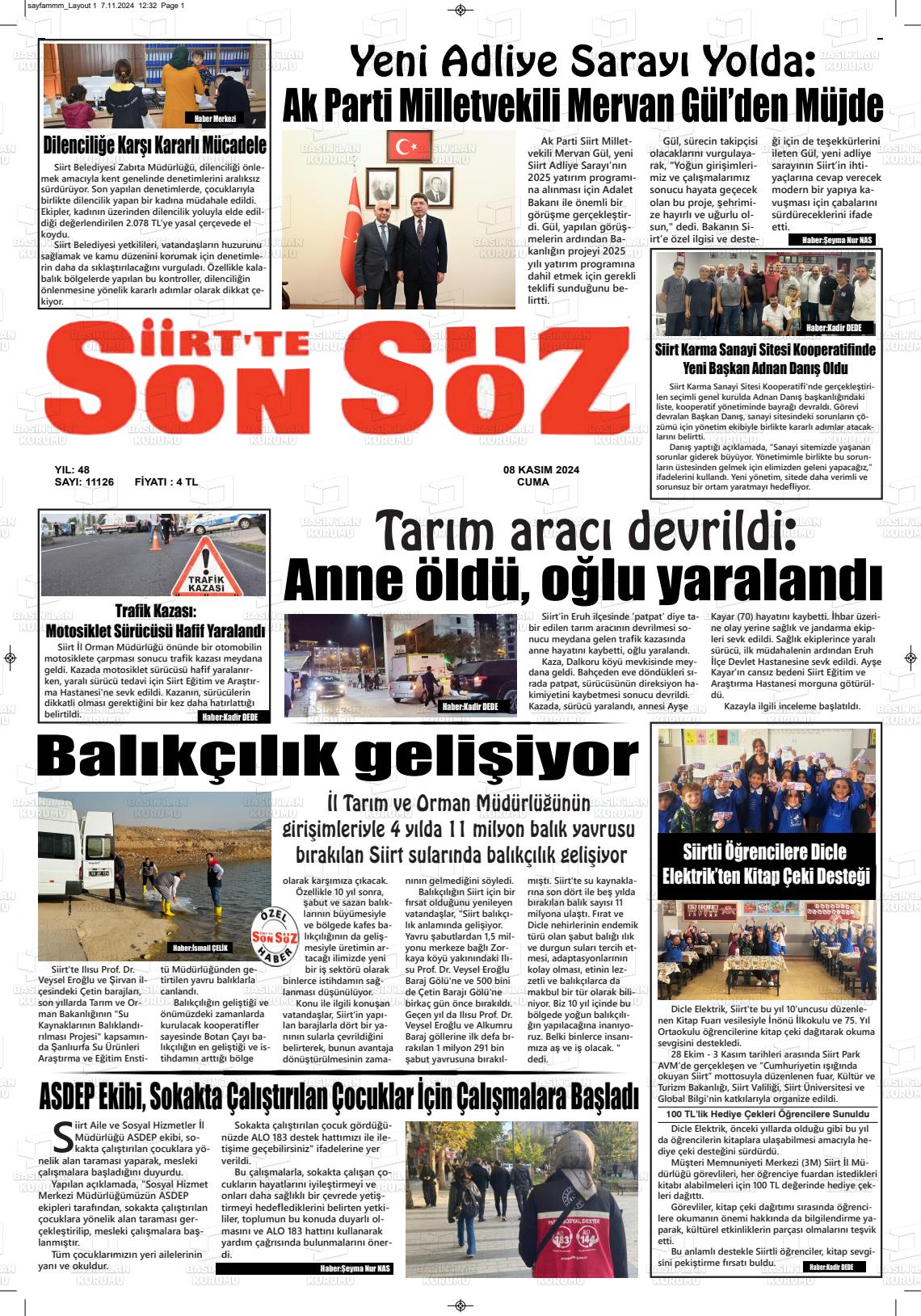 08 Kasım 2024 Siirt'te Sonsöz Gazete Manşeti