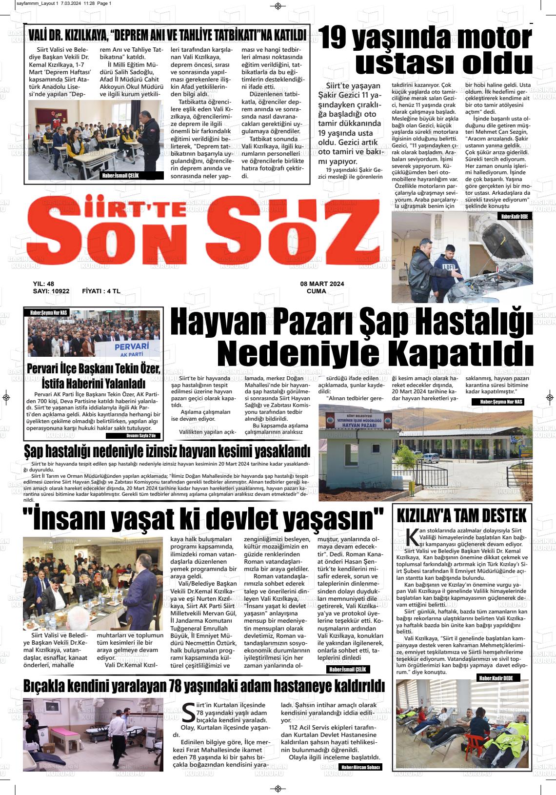 08 Mart 2024 Siirt'te Sonsöz Gazete Manşeti