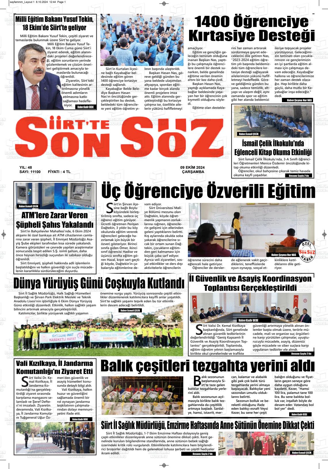 09 Ekim 2024 Siirt'te Sonsöz Gazete Manşeti