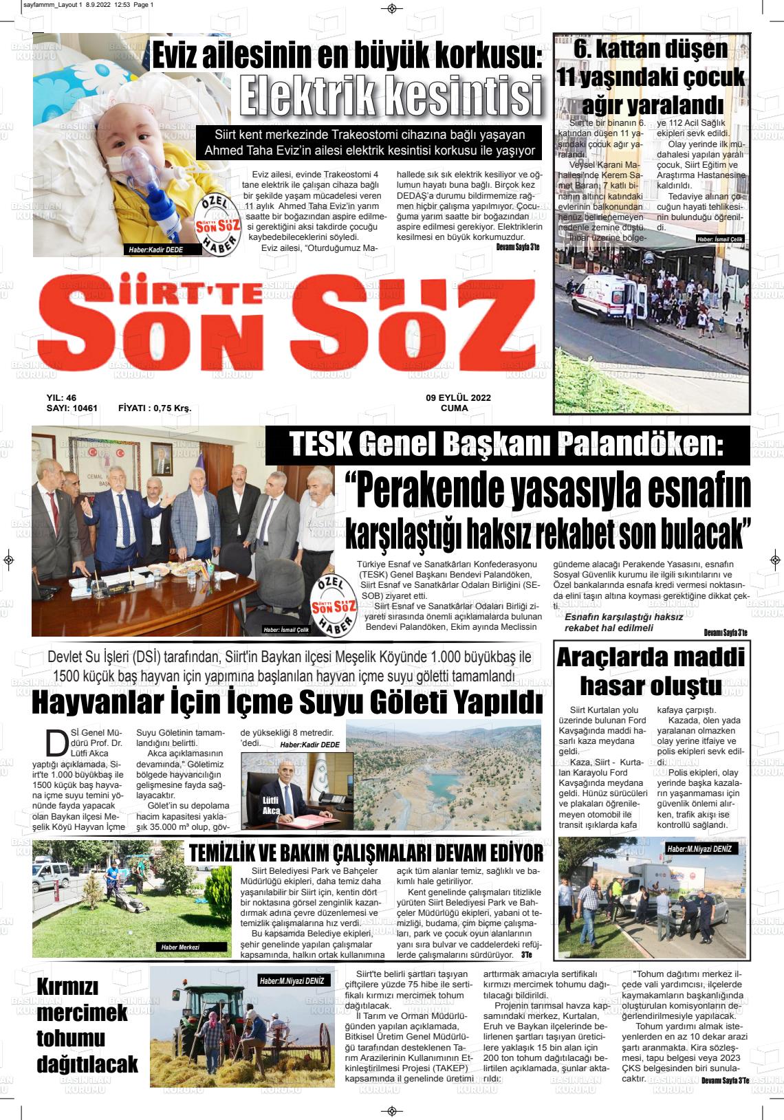 09 Eylül 2022 Siirt'te Sonsöz Gazete Manşeti