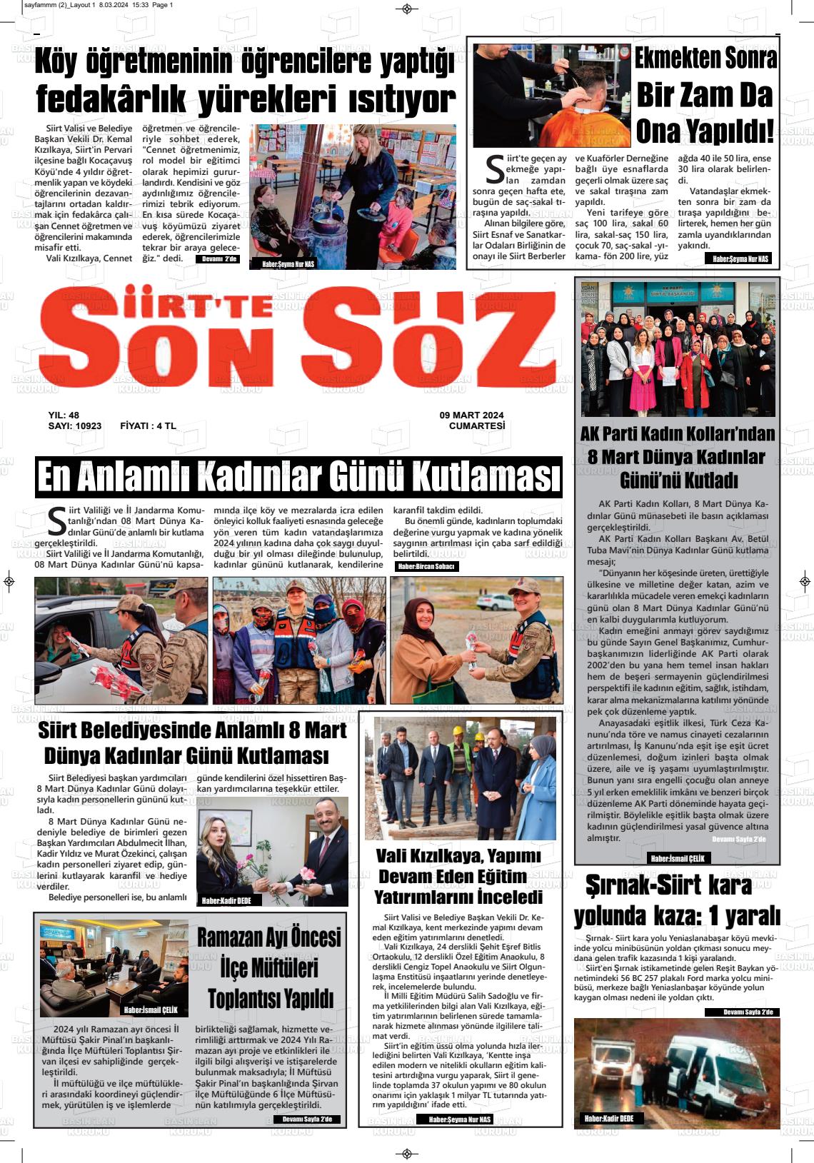 09 Mart 2024 Siirt'te Sonsöz Gazete Manşeti