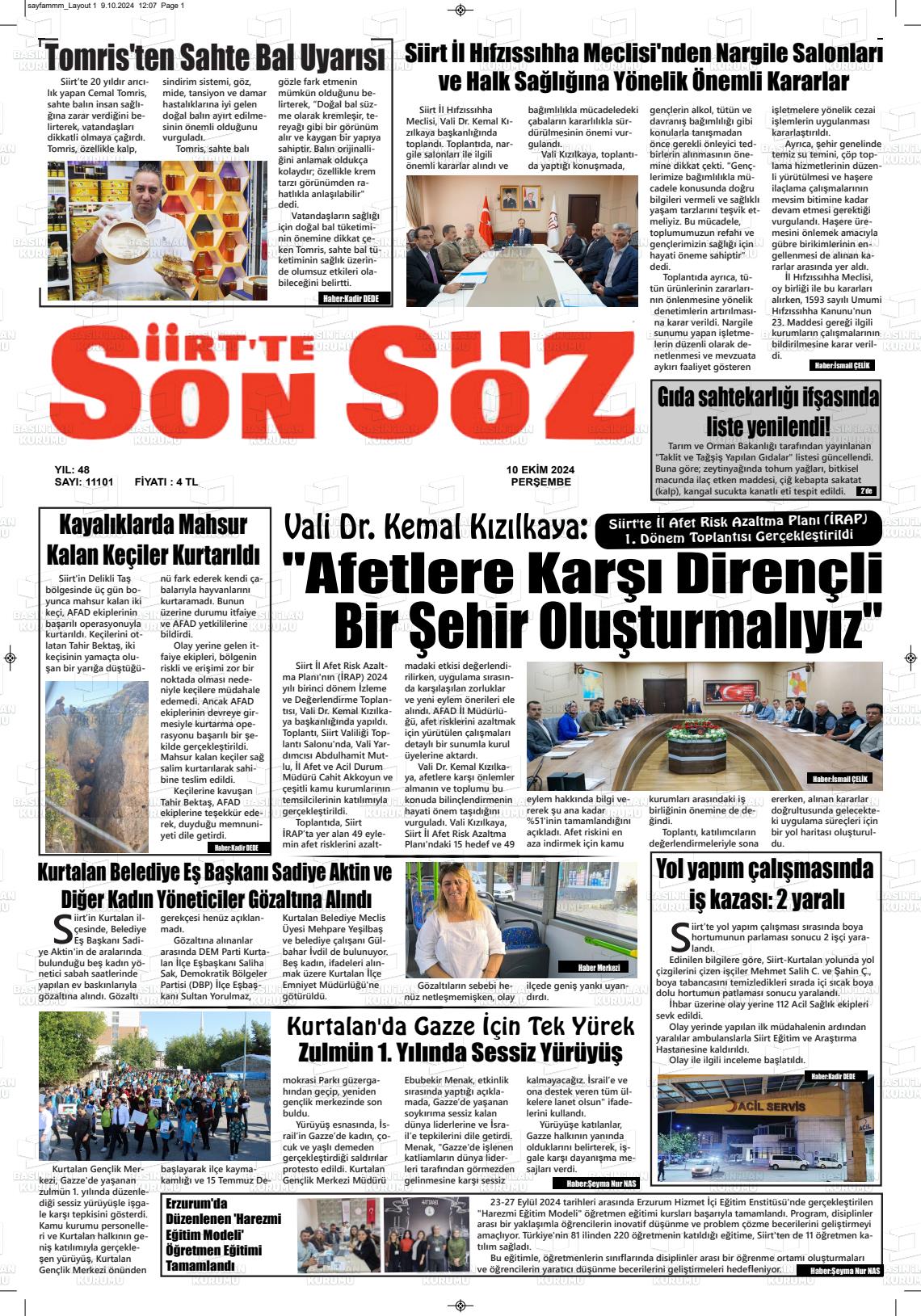 10 Ekim 2024 Siirt'te Sonsöz Gazete Manşeti