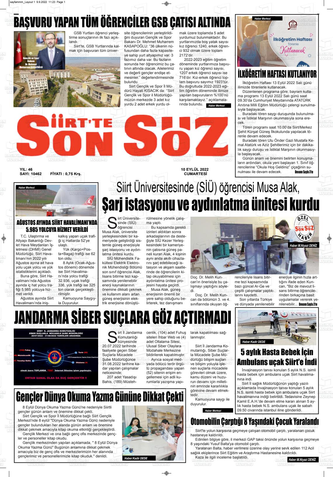 10 Eylül 2022 Siirt'te Sonsöz Gazete Manşeti