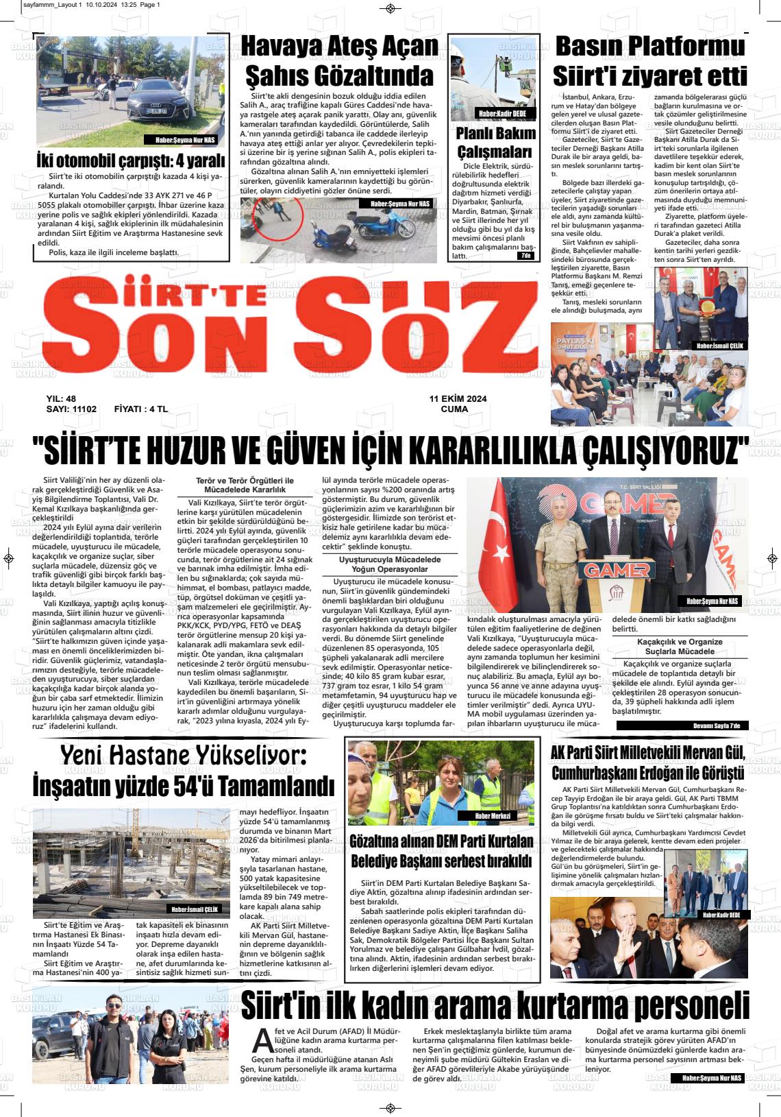 11 Ekim 2024 Siirt'te Sonsöz Gazete Manşeti