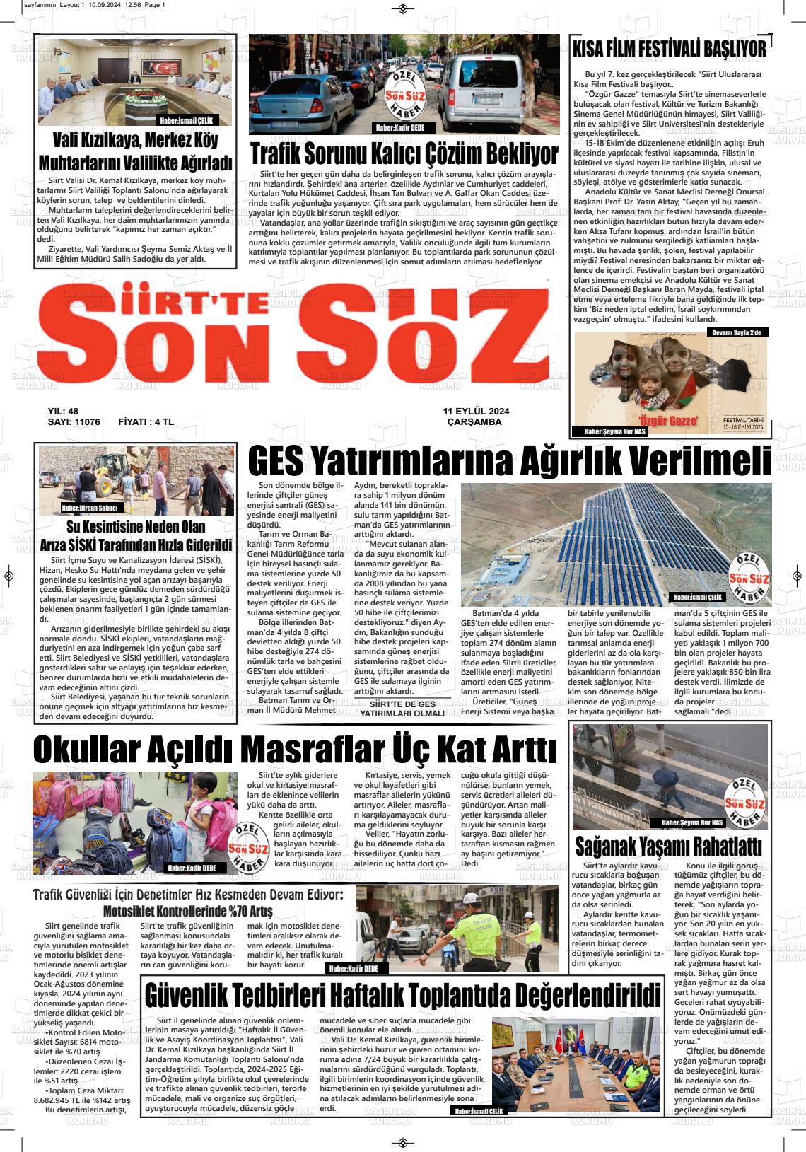 11 Eylül 2024 Siirt'te Sonsöz Gazete Manşeti