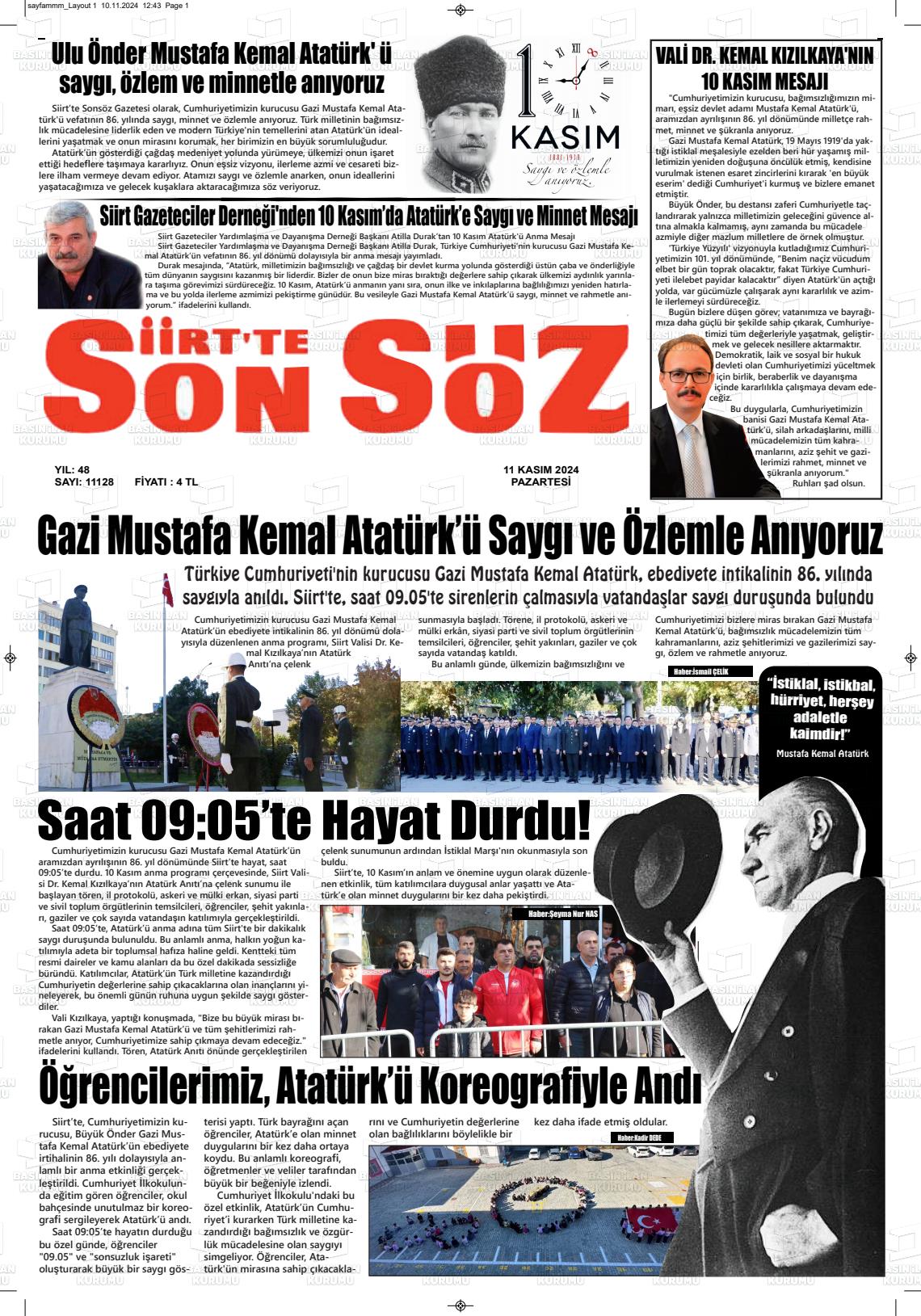 11 Kasım 2024 Siirt'te Sonsöz Gazete Manşeti