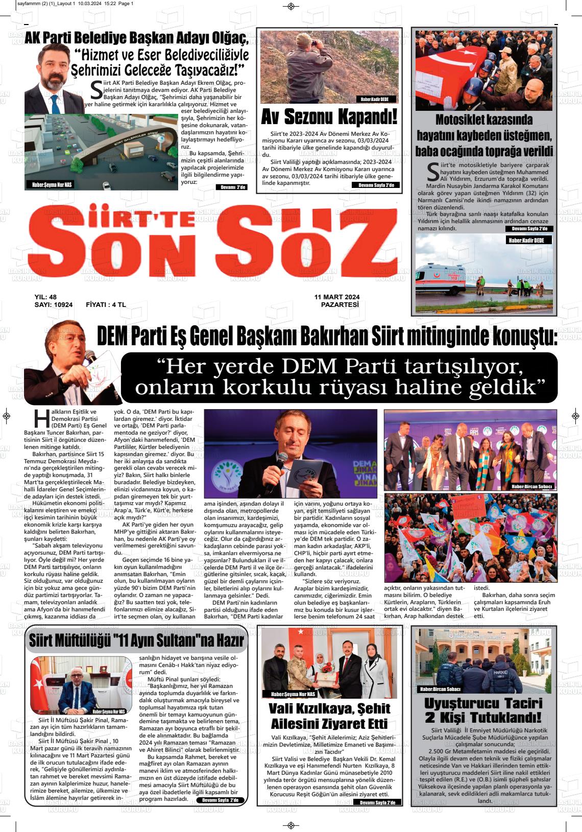 11 Mart 2024 Siirt'te Sonsöz Gazete Manşeti