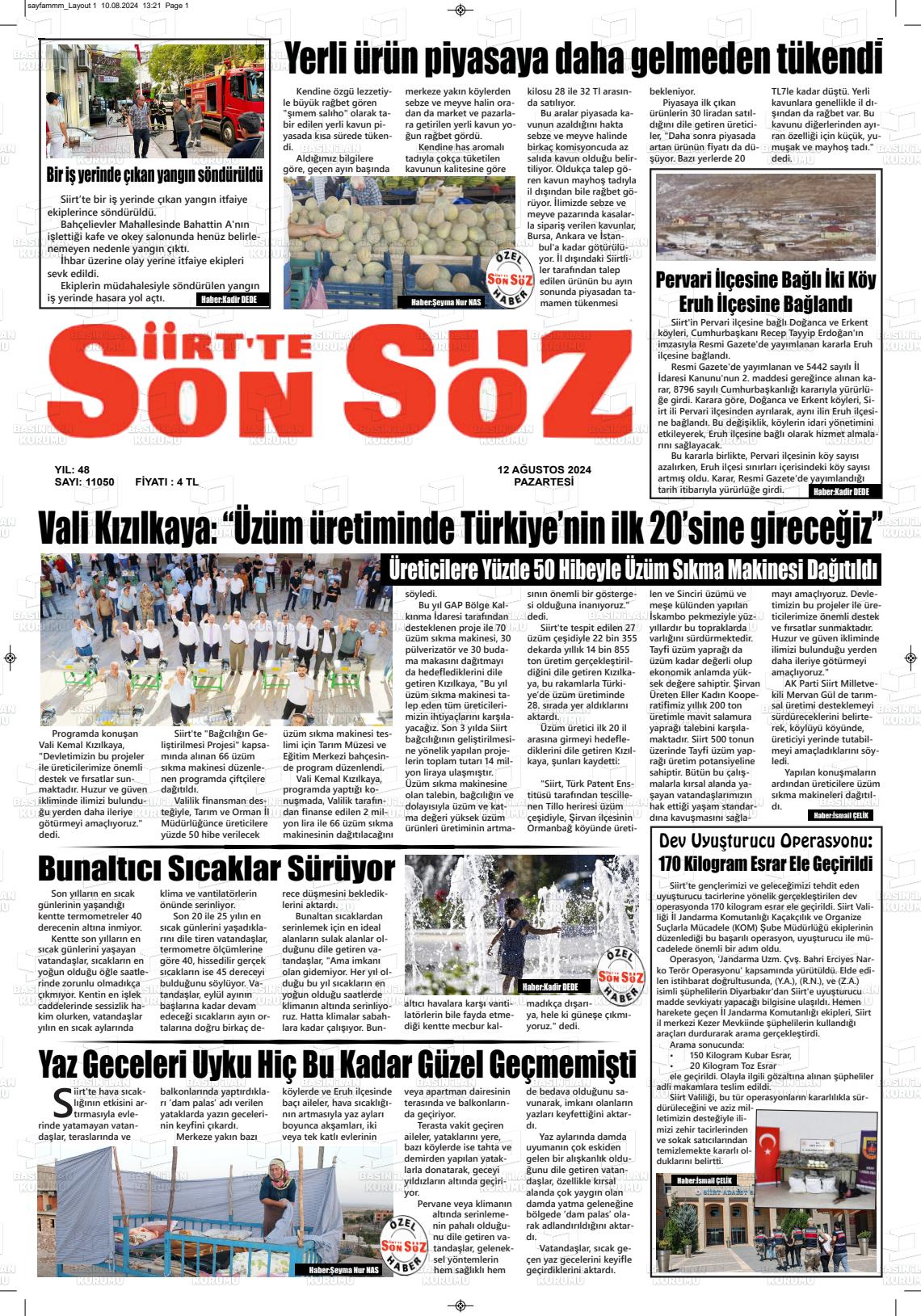 12 Ağustos 2024 Siirt'te Sonsöz Gazete Manşeti