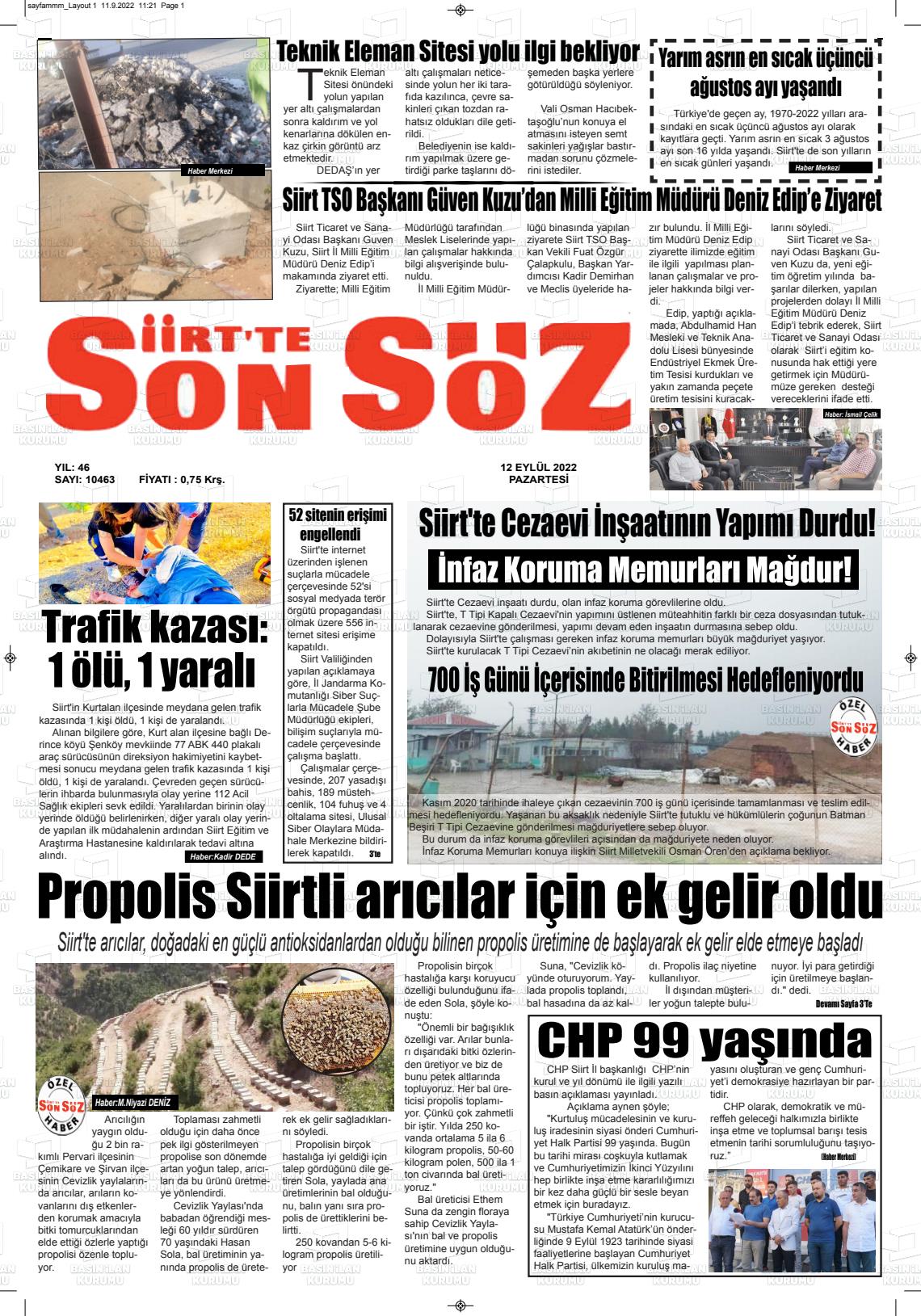 12 Eylül 2022 Siirt'te Sonsöz Gazete Manşeti