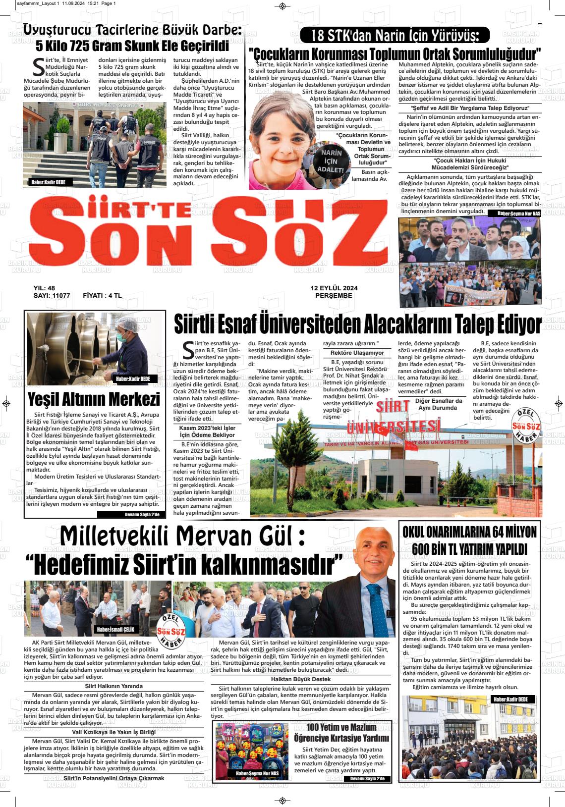 12 Eylül 2024 Siirt'te Sonsöz Gazete Manşeti