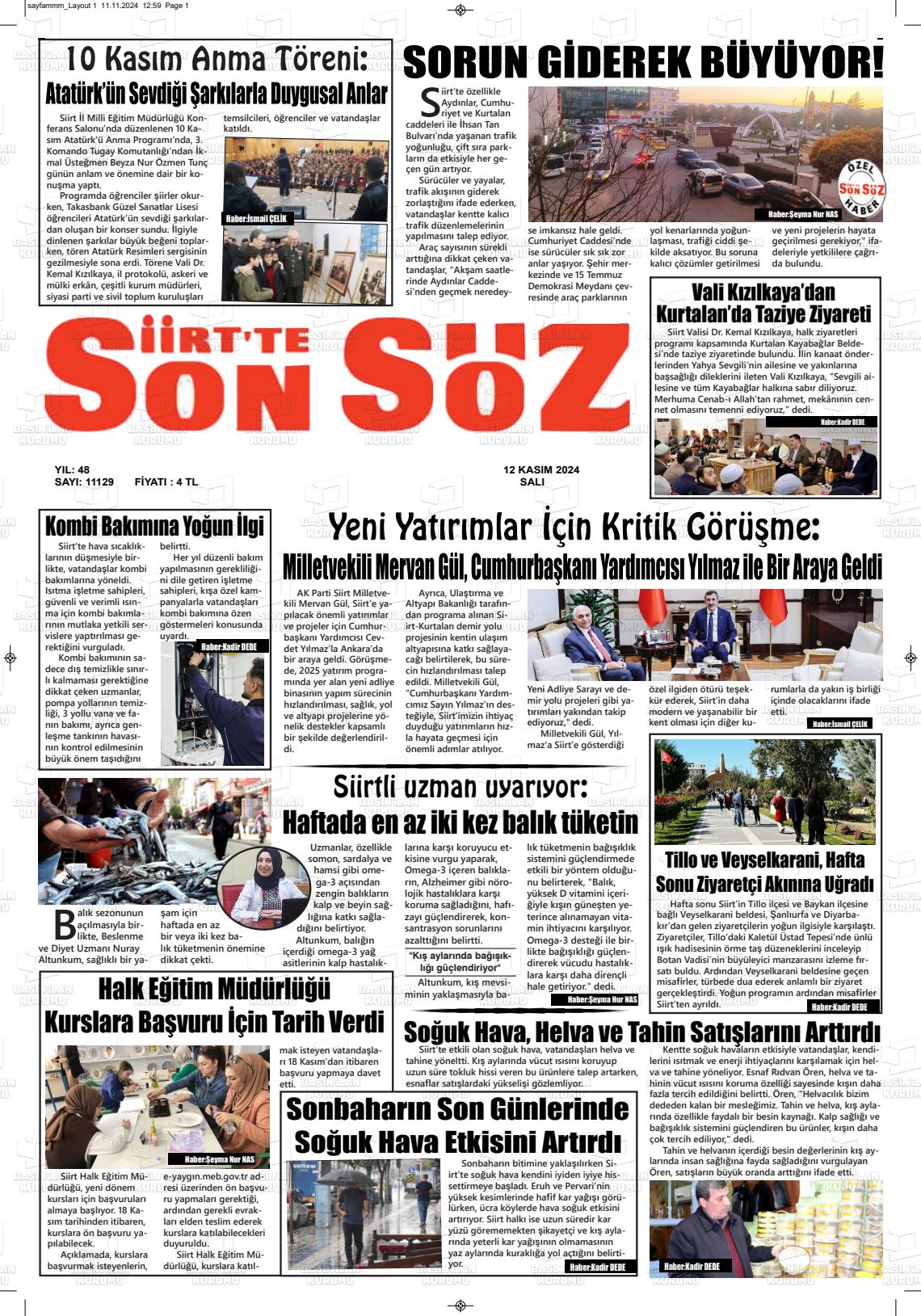 12 Kasım 2024 Siirt'te Sonsöz Gazete Manşeti