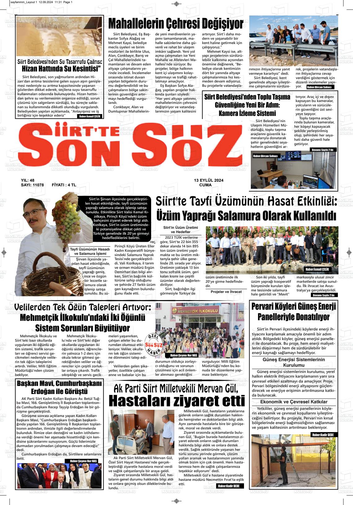 13 Eylül 2024 Siirt'te Sonsöz Gazete Manşeti