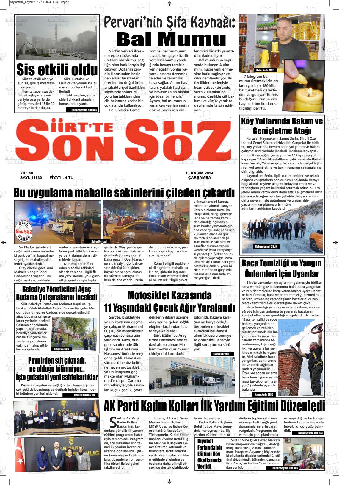 13 Kasım 2024 Siirt'te Sonsöz Gazete Manşeti