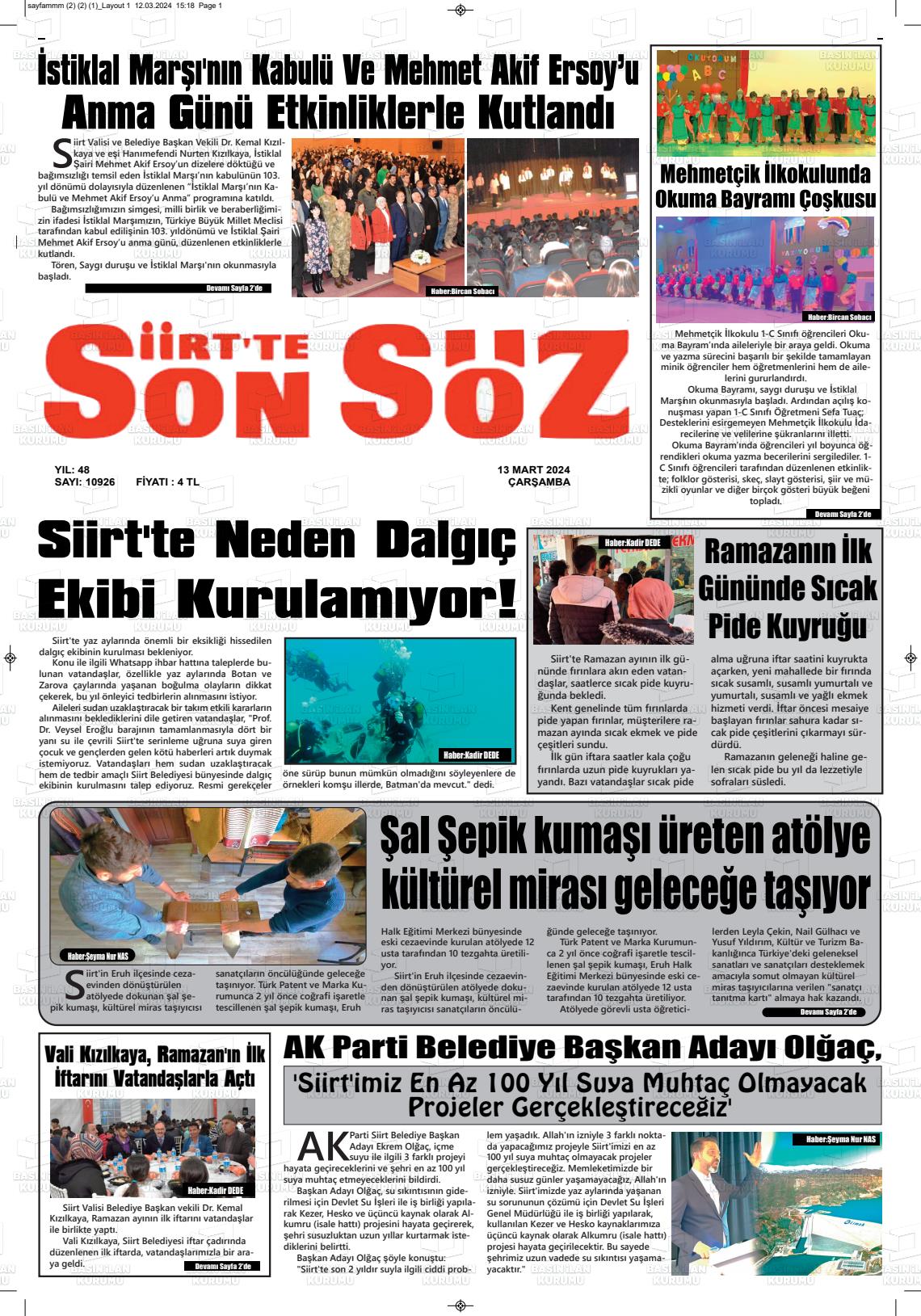 13 Mart 2024 Siirt'te Sonsöz Gazete Manşeti