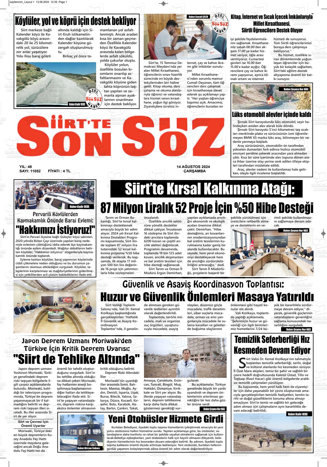 14 Ağustos 2024 Siirt'te Sonsöz Gazete Manşeti