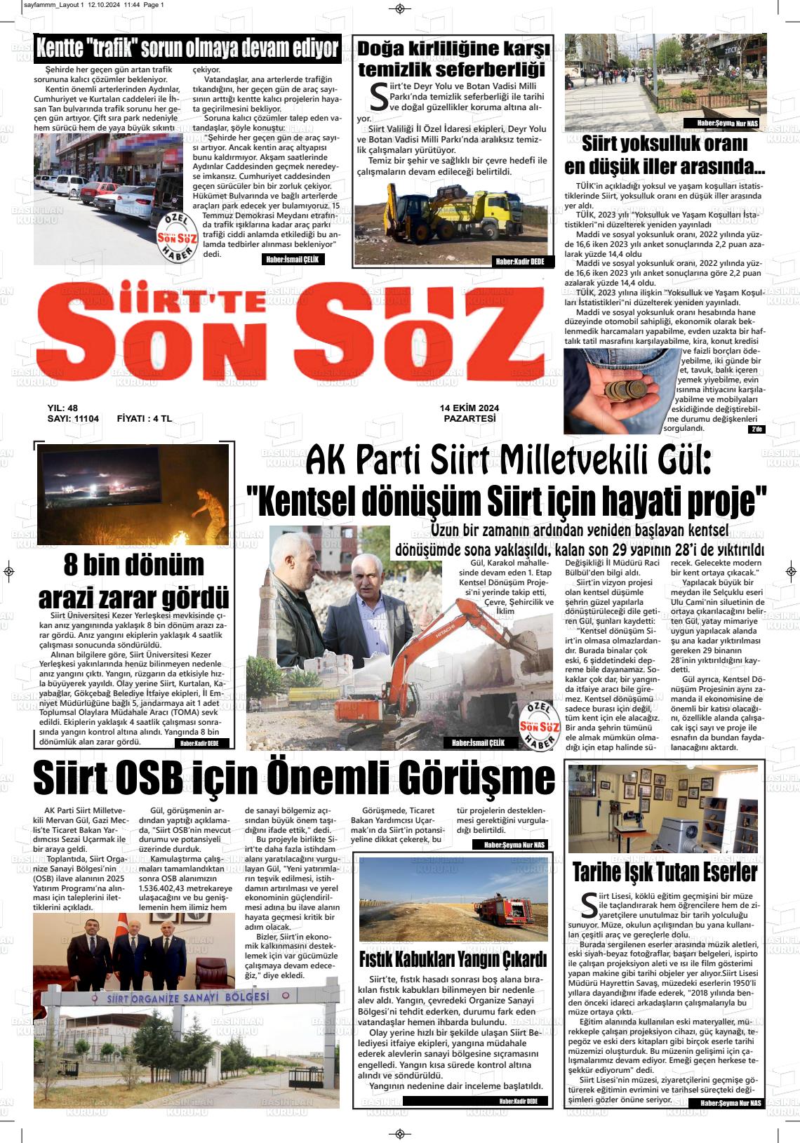 14 Ekim 2024 Siirt'te Sonsöz Gazete Manşeti