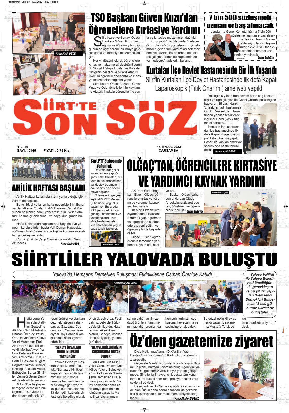 14 Eylül 2022 Siirt'te Sonsöz Gazete Manşeti