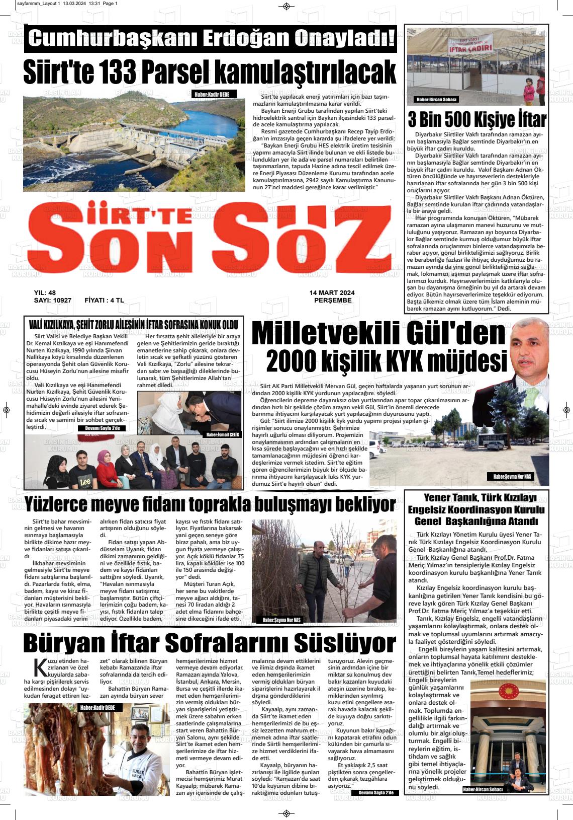 14 Mart 2024 Siirt'te Sonsöz Gazete Manşeti