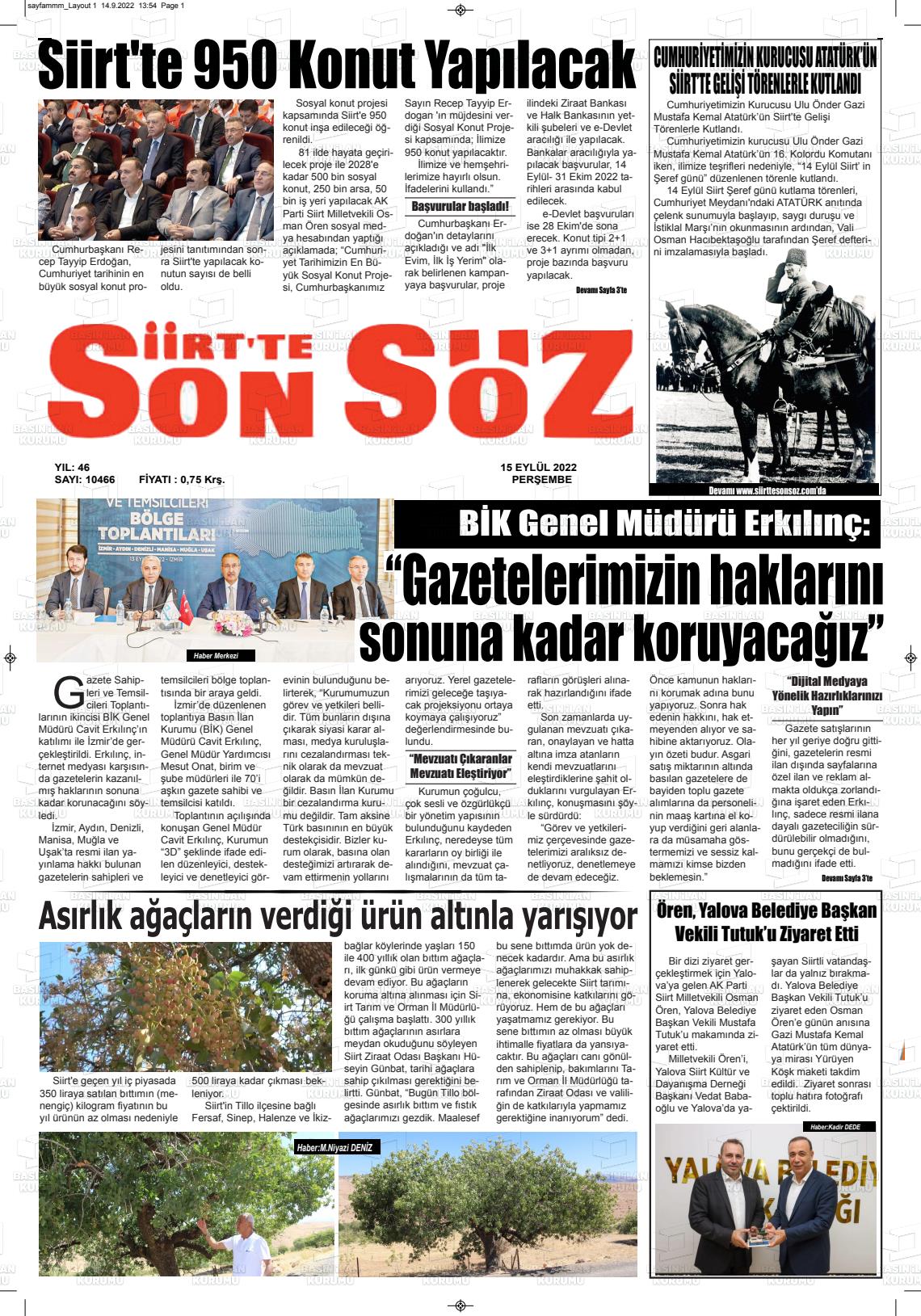 15 Eylül 2022 Siirt'te Sonsöz Gazete Manşeti