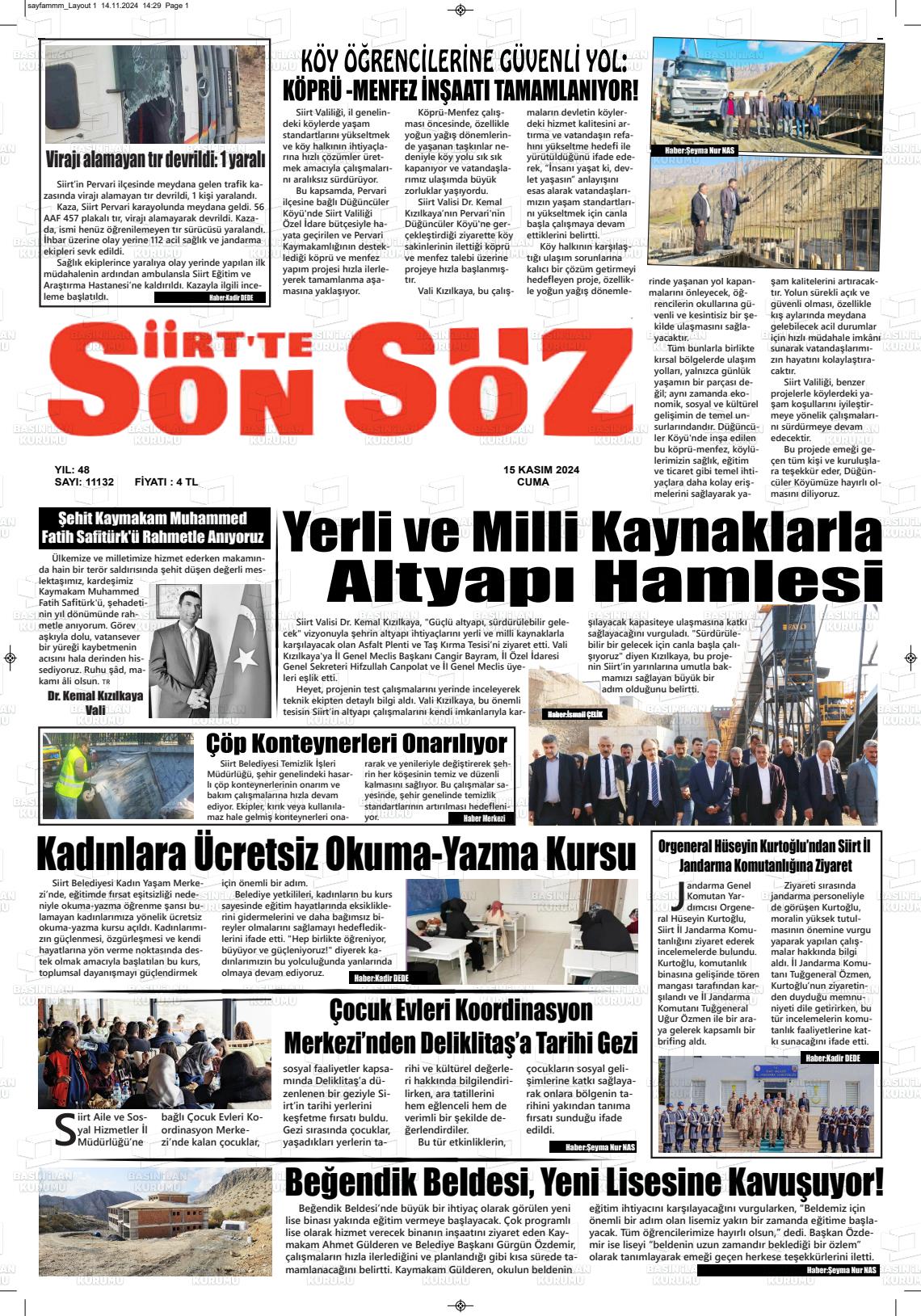 15 Kasım 2024 Siirt'te Sonsöz Gazete Manşeti