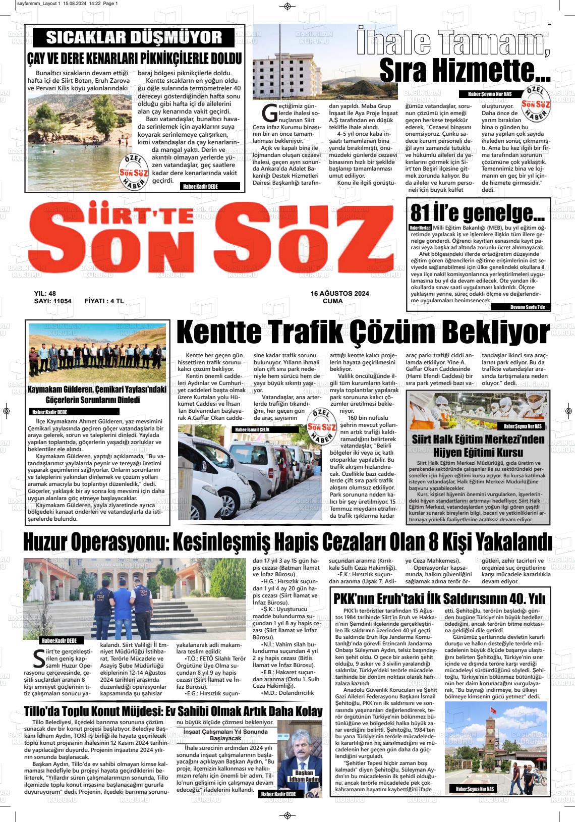 16 Ağustos 2024 Siirt'te Sonsöz Gazete Manşeti