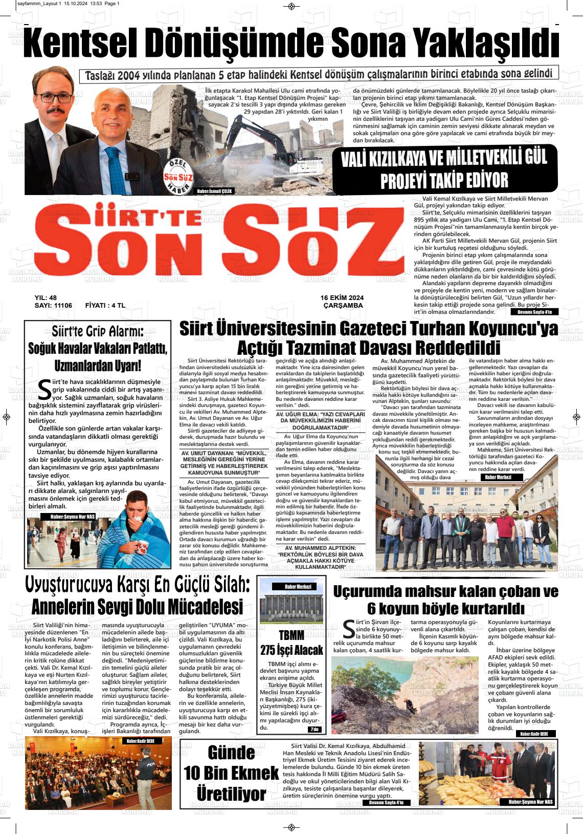 16 Ekim 2024 Siirt'te Sonsöz Gazete Manşeti