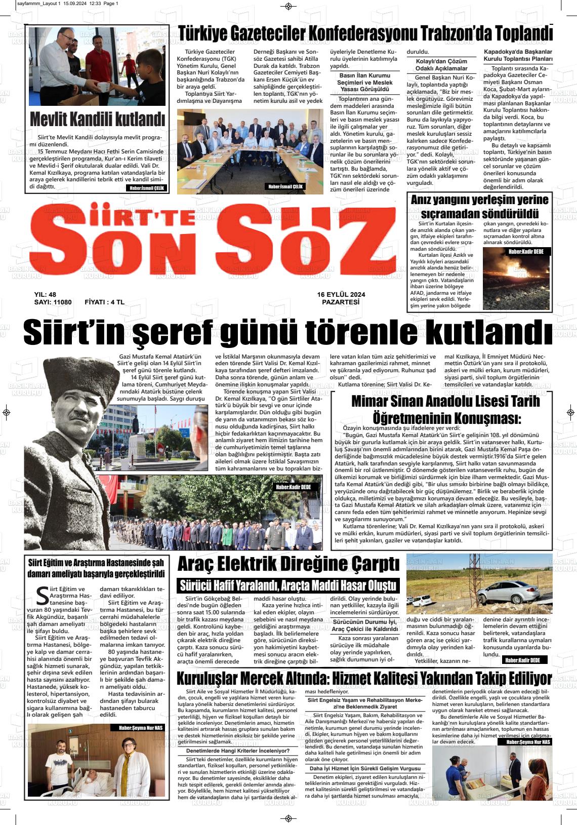 16 Eylül 2024 Siirt'te Sonsöz Gazete Manşeti