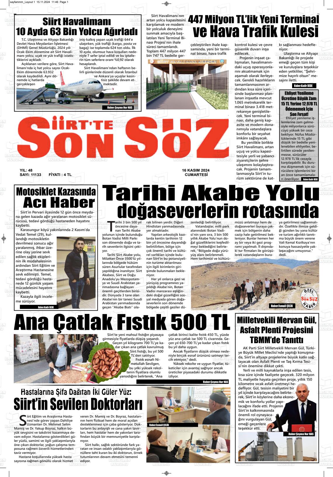 16 Kasım 2024 Siirt'te Sonsöz Gazete Manşeti